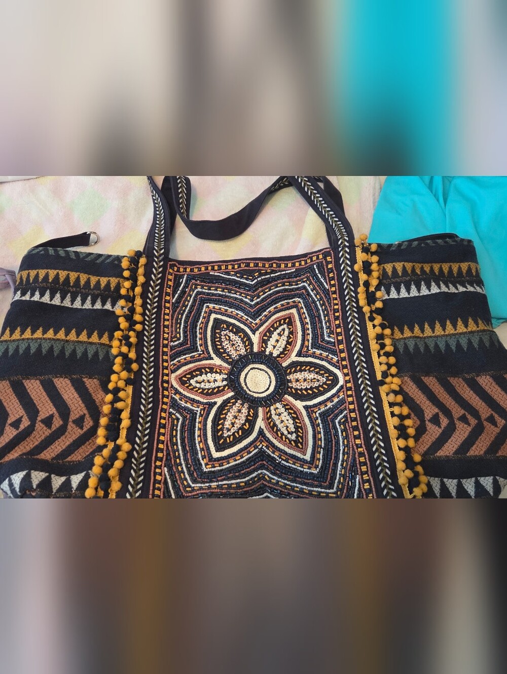 Embroidered Floral Tote Bag - Navy, Cream & Mustard